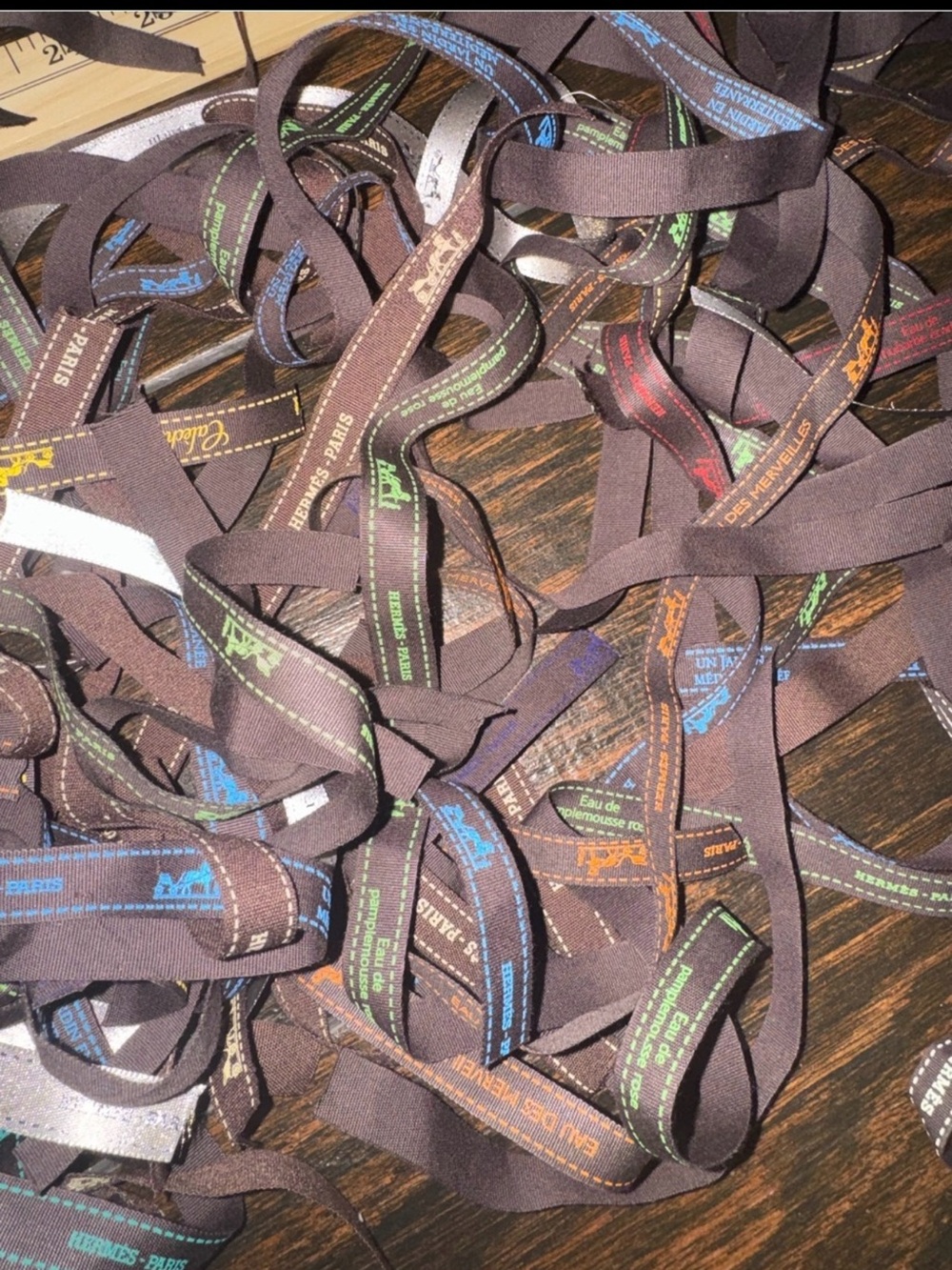 Hermes Brown Grosgrain Ribbons with Blue, Green, Yellow Accents
